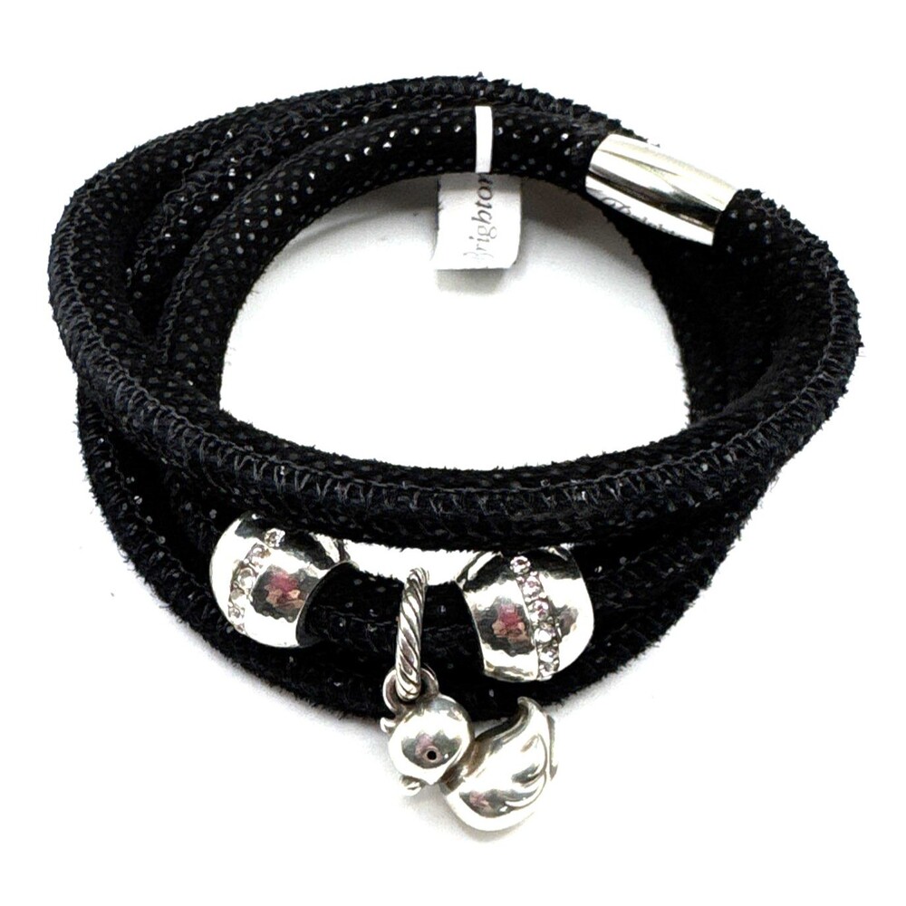 Brighton Woodstock Black Sparkle Triple Bracelet 23in NWT + Beads/ Duck Charm